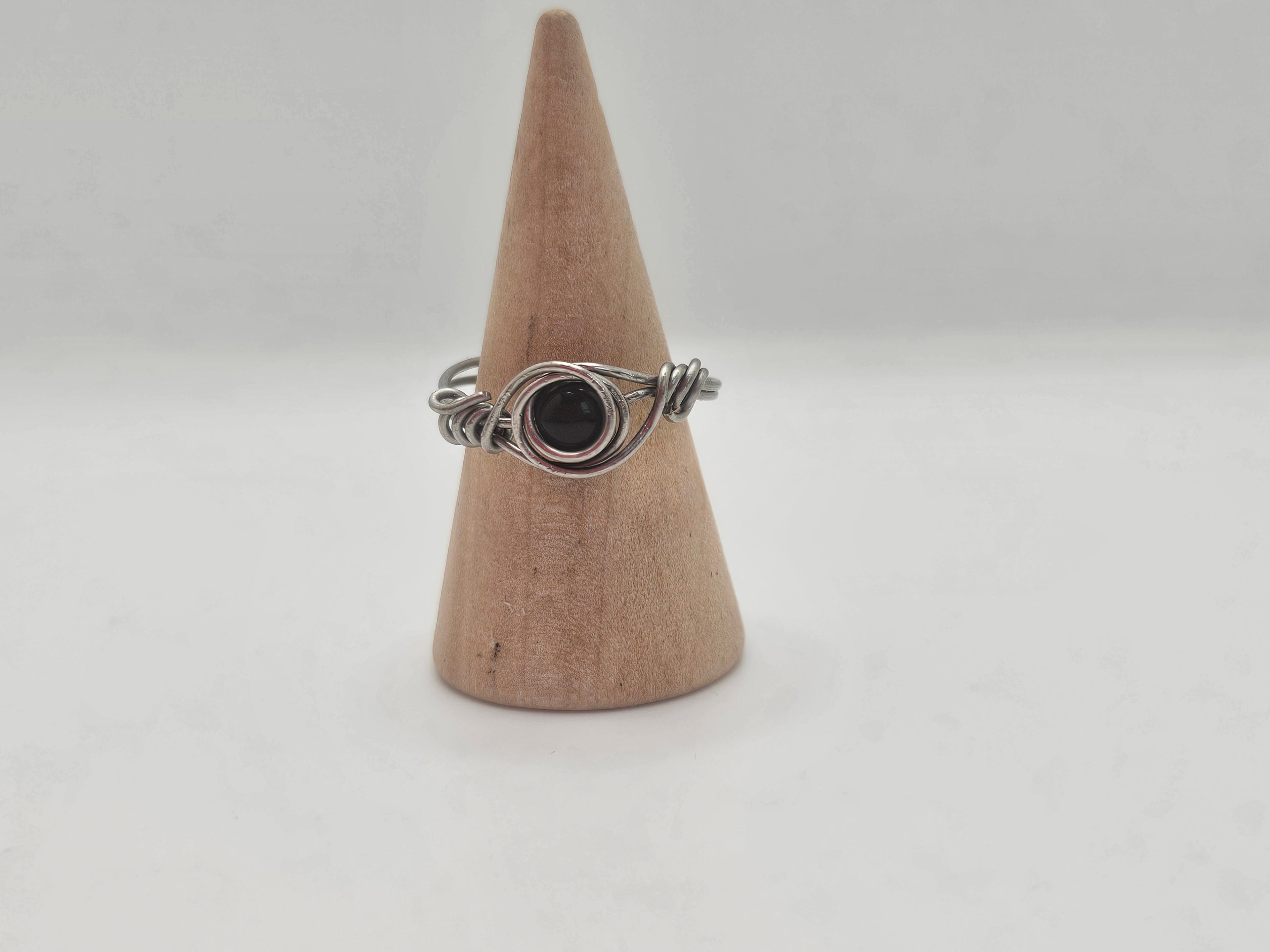 Black Onyx Agate and Stainless Steel Wire Ring